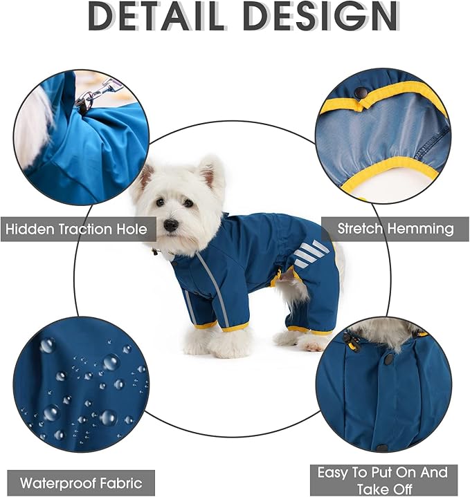 Dog Raincoat, Waterproof Dog Rain Jacket with Hood, Rain Coat with Leash Hole, Reflective Strap for Small Medium Dogs, Outdoor Adventures/Walking Lightweight Puppy(Blue,XS)