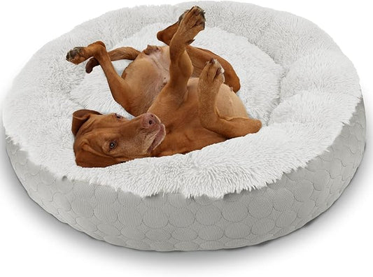 HACHIKITTY Dog Donut Round Calming Bed, Fluffy Dog Bed for Medium Large Dogs, Cooling Warming Soft Dog Cushion Bed, Double Sided Available Dog Bed with Warm & Cool Sides(30"x30"x9", Grey)