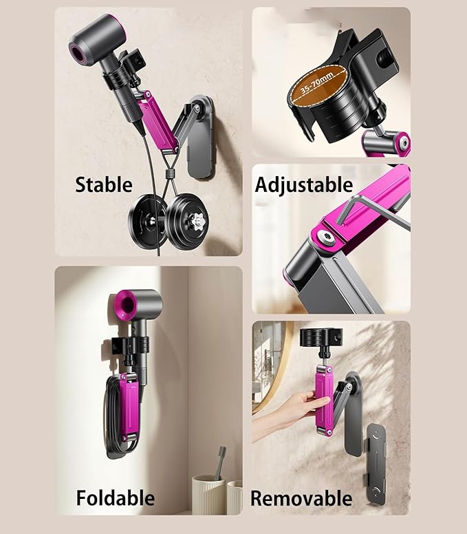 Metal Stable Hair Dryer Stand,Hands Free Blow Dryer Stand With Height & Angle Adjustable,Wall Mounted & Countertop Hairdryer Holder For Bathroom Bedroom Vanity,Compatible With 99% Hairdryers（Large）