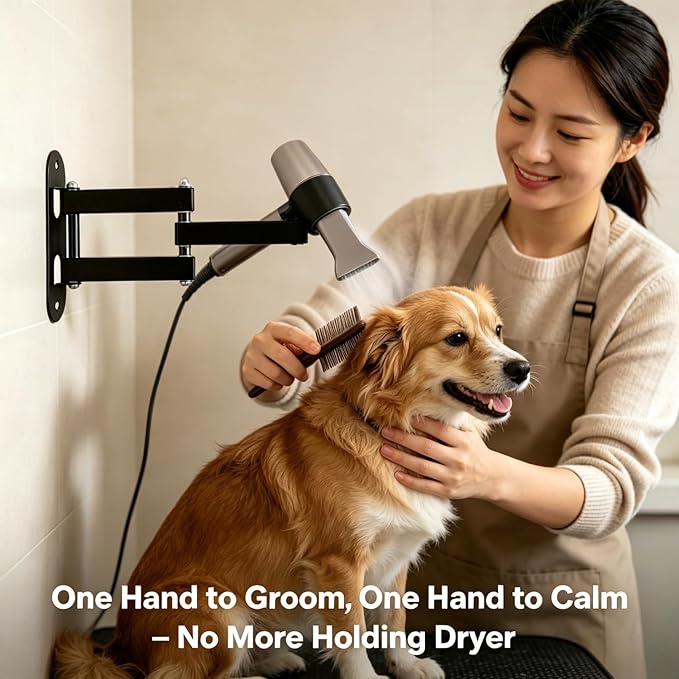 Pet Hair Dryer Wall Mount Stand Hose Tube Holder: Hands-Free Adjustable & Foldable Metal Arm Bracket with Universal Clamp for Dog Cat Grooming, Home & Professional Use