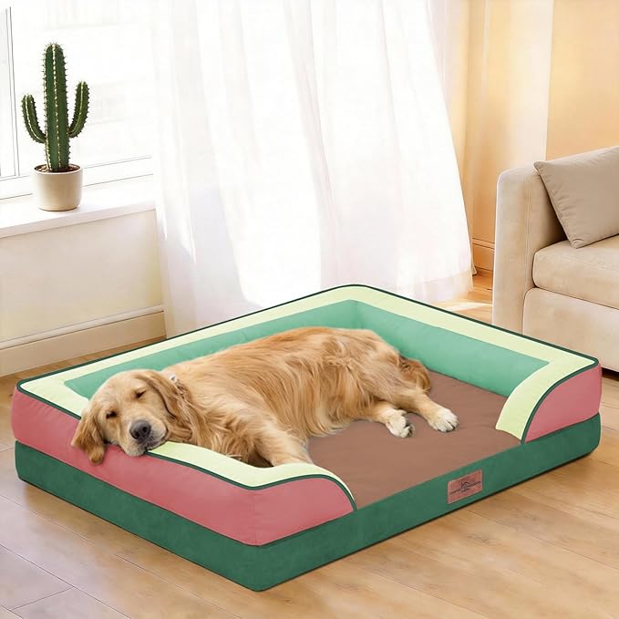 Comfort Expression Orthopedic Dog Bed for Large Dogs 36x27 Inch, Waterproof Egg Crate Foam Large Pet Bed with Bolsters, Dog Couch with Washable Cover & Non-Slip Bottom, Watermelon Mist