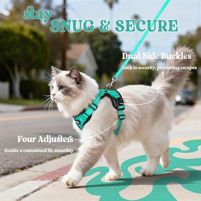 rabbitgoo Cat Harness and Leash Set, Escape Proof Vest Harness for Safe Outdoor Walks, Soft Breathable Adjustable Vest with Reflective Strips for Small and Average Cats, Emerald, S