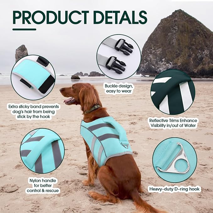 Kuoser Dog Life Jacket with Reflective Stripes, Dog Life Vest for Swimming Boating, Adjustable Pet Lifejackets with High Flotation, Doggie Swimsuit for Small Medium Large Dogs