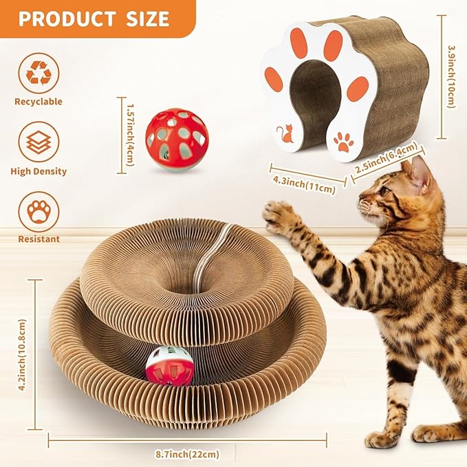 Magnetic Cat Scratcher Cardboard, Foldable Collapsible Cat Scratch Pad with Ball Track & Bell, Reversible Honeycomb Corrugated Cat Toy for Indoor Kitten & Small-Medium Cats Paw