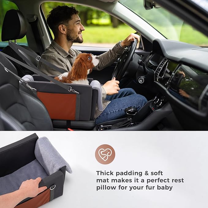 Avont Center Console Dog Car Seat for Small Dogs & Cats, Booster Car Seat with Double Safety Straps, Soft Padded Armrest Travel Carrier with Storage Pockets, Calming Design -Dark Grey