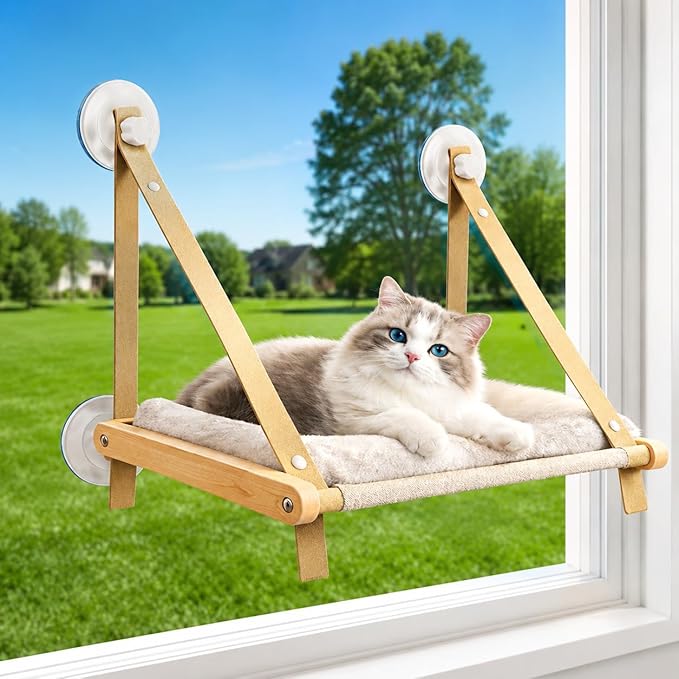 Cat Window Perch for Indoor Cats, Solid Wood Window Mounted Cat Bed with Washable Soft Seat, 4 Strong Suction Cups, Stable Hanging Hammock Lounge for Large Cats