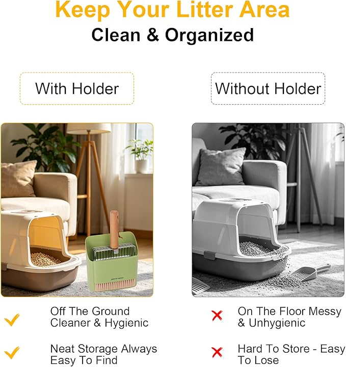 Dreamoon Cat Litter Scoop with Holder, Heavy Duty Stainless Steel Kitty Litter Scooper with Coarse and Fine Mesh, Includes Broom and Dustpan Set, Quick Sift and Easy Clean, Green