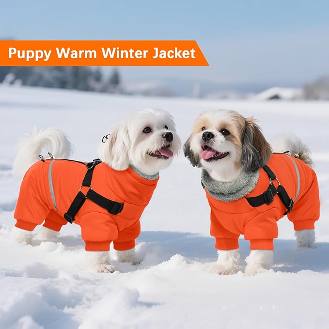 BRKURLEG Small Dog Winter Coat with Harness Built in, Orange Winter Dogs Jackets, Fullbody Dog Coat, Dogs Snowsuits Reflective Windproof Cold Weather Coats, Pet Warm Fleece Coats, M