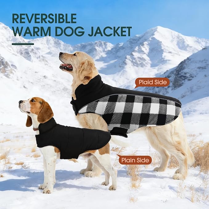 Kuoser Dog Winter Coat, Reversible Waterproof Dog Jacket with Reflective Strip, Warm Dogs Fleece Vest Adjustable Doggy Cold Weather Clothes Plaid Christmas Outfit Pet Apparel for Small Dogs, Black XS