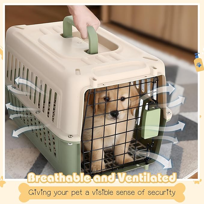 2 Set Hard Plastic Pet Carrier Breathable Dog Cat Kennel with Metal Door Bowl Grille Mat Pet up to 14 Lbs Carrier for Walking Camping Vet Visits Travel, 17.3"L x 11.8"W x 10.6"H(Green White)