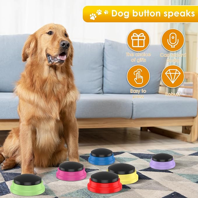 6 Pcs Dog Buttons for Communication, Talking Buttons for Dogs, Recordable Sound Buttons with Dog Button Mat and Scene Stickers, 30 Seconds Dog Buttons for Pet Sound Training Toy