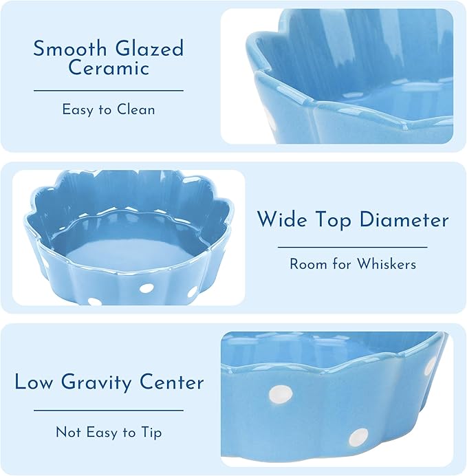 Ceramic Cat Bowl, Scalloped Edge with White Polka Dots – Pet Feeding Dish with Anti-Slip Base for Cats and Small Dogs, Blue