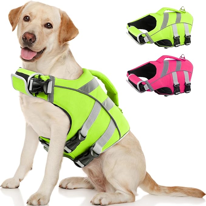 Kuoser Dog Life Jacket with Reflective Stripes, Dog Life Vest for Swimming Boating, Adjustable Pet Lifejackets with High Flotation, Doggie Swimsuit for Small Medium Large Dogs
