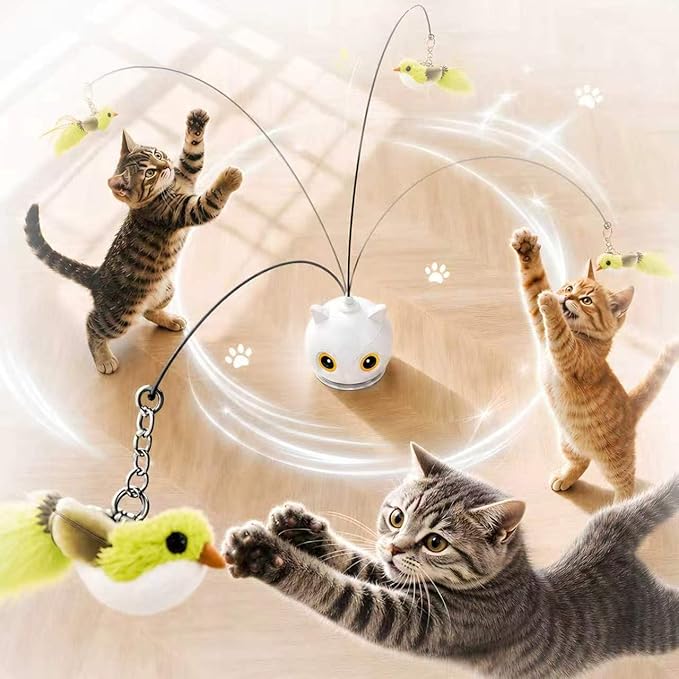 Interactive Cat Toys for Indoor Cats - Automatic Flying Bird Feather Toy with Sticky Suction Base, USB Rechargeable 360° Electric Cat Teaser, Touch Activated Self-Play Toy for Bored Cats