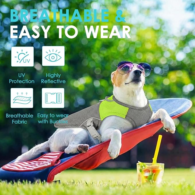 AOFITEE Dog Cooling Vest, Lightweight Cooling Jacket for Dogs, Breathable Dog Cooler Shirt with Harness D-Ring, Pet Sun Shirt UV Protection Ice Vest for Small Medium and Large Dogs, Green XXL