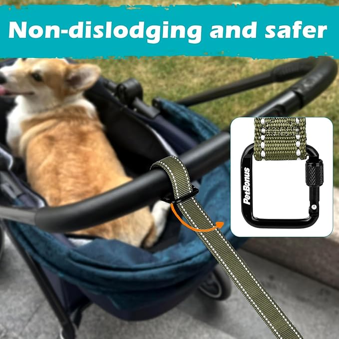 PetBonus Dog Leash Wrist Strap, Safety Strap for Retractable Leash, Lockable Reflective Short Dog Walking Lead with Adjustable Soft Padded Handle, Extra Layer Security for Pet Stroller (Army Green)