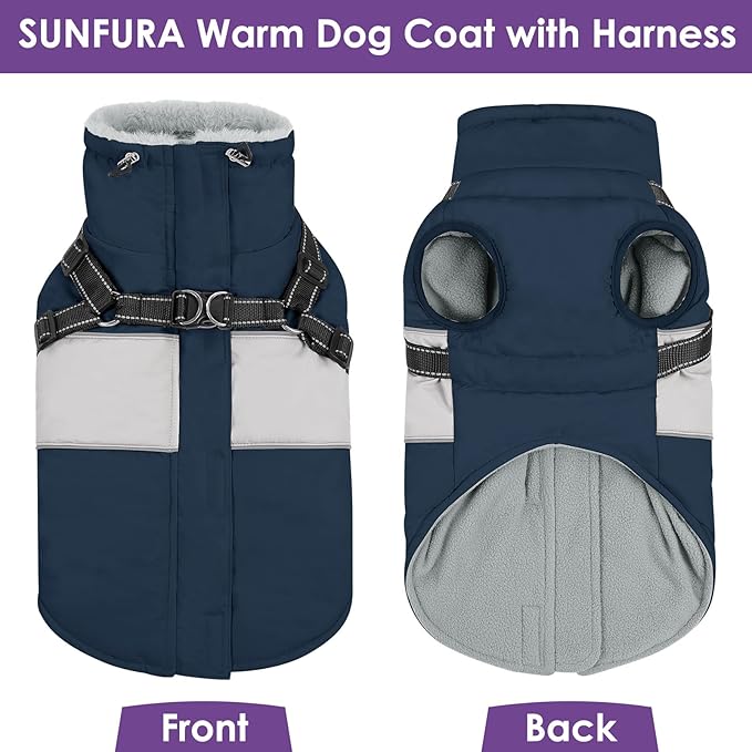 Dog Coat, XXXL Dog Jacket Winter with Harness Built in, Waterproof Pet Snow Jacket with Furry Collar for Chilly Day, Reflective Fleece Snowsuit for Extra Large Dogs, Navy Blue 3XL