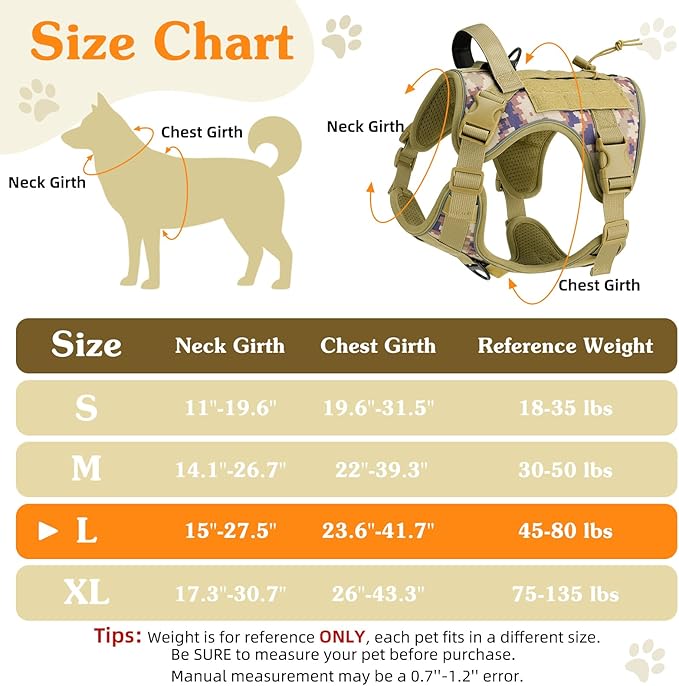VavoPaw Heavy Duty Tactical Dog Harness for Large Dogs, No Pull Adjustable Pet Harness Reflective Service Training Easy Control Pet Vest Military K9 Working Dog Harnesses, Desert Camouflage, L