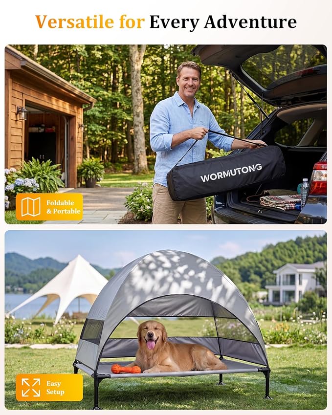 Elevated Outdoor Dog Bed with Canopy, Raised Dog Cot with Stable Adjustable Feet, Dog Camping Bed with Larger Shade, Lifted Dog Tent Bed with Canopy for Outside