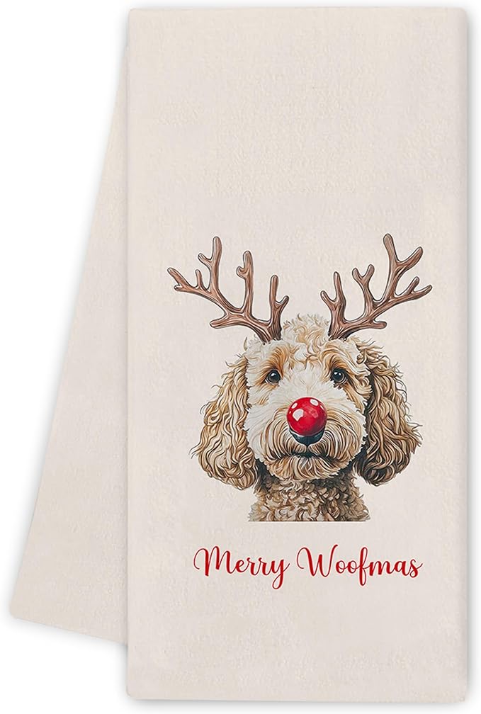 Poodle Teddy Towels Gifts - Christmas Navidad Poodle Teddy Kitchen Decor, Christmas Dog Gifts, Merry Woofmas Xmas Hand Towels Dish Towels for Kitchen Bathroom, 16x24 Inch