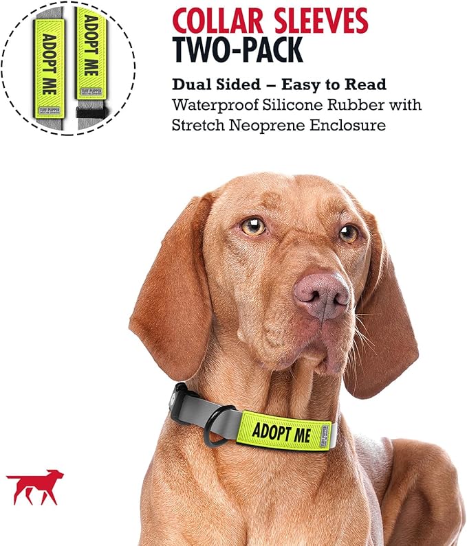 Tuff Pupper 2-Pack Waterproof Collar Sleeves | Fits Any 1 Inch Wide Dog Collar | Dual Sided Message | Durable Silicone & Neoprene | Odor & Stink Proof | Easy Slide On & Off (Adopt Me, Standard)