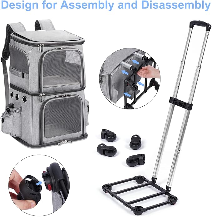 HOVONO Extra Large Double-Compartment Pet Carrier Backpack with Wheels for Small Dogs and Cats, Cat Rolling Carrier for 2 Cats, Perfect for Traveling/Taking a Walk/Trips to the Vet, Grey