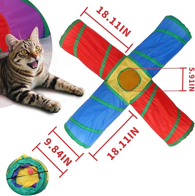 Pet Cat Tunnel, 4 Way Tunnels for Indoor Cats, Collapsible Pet Tunnel for Kitten, Puppy, Rabbit, 25cm-Wide Tunnels, Durable & Breathable, with Peek Hole Toy Ball