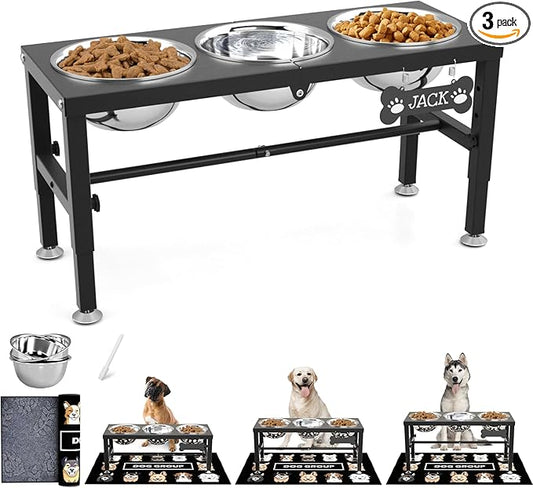 SHAINFUN Metal Elevated Dog Bowls Stand for Large Dogs with Mat & Three 58oz Food Water Bowls, Adjustable Height Raised Dog Bowl Stand