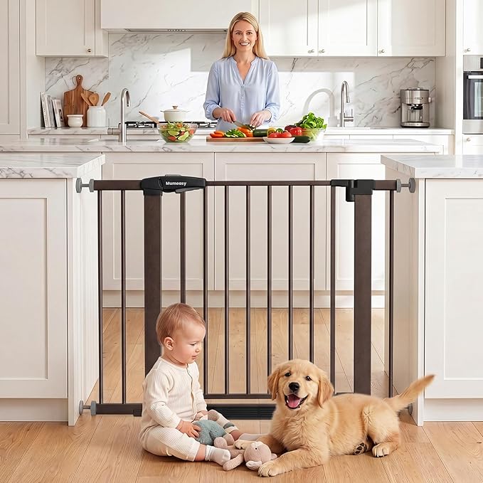 Baby Gate for Stairs, 29.7-40.6" Auto Close Dog Gate Indoor for Doorways, Dual-Lock Design, Extra Wide Pet Gate No Drilling with Walk Thru Door for Hallways, Stroller Friendly, Brown