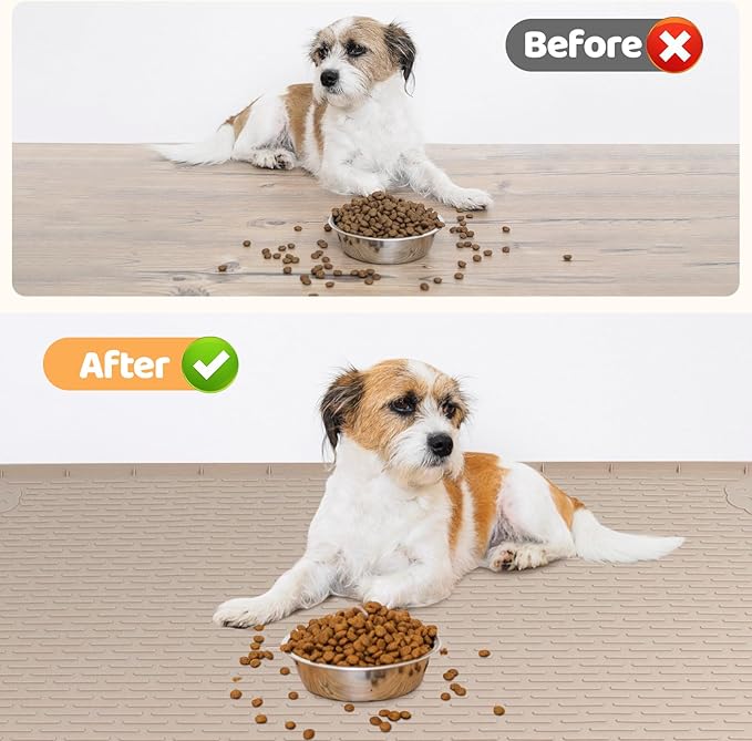 Dog Food Mat, Extra Large 40" x 40" Silicone Pet Feeding Mat with Raised Edge Pet Placemat for Small, Medium, and Large Pets Non-Slip, Easy to Clean (Khaki)
