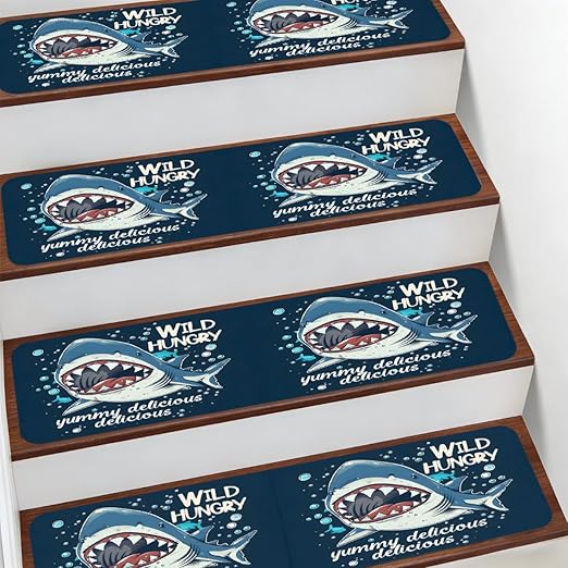 Animal Cartoon Shark Cute Stair Treads for Wooden Steps Indoor Washable Staircase Carpet 10PCS 30"x7.8" Stair Step Treads Non-Slip Staircase Covers Peel and Stick Safety Mat for Kids Elders Pets