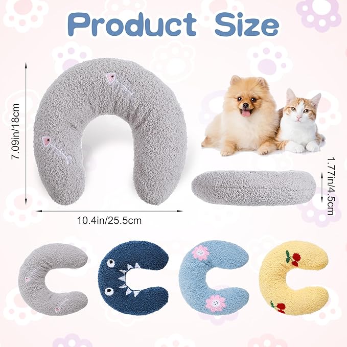 4 Pcs Pillows for Cats Puppy Bed, Soft Fluffy Pet Calming Toy, Half Donut U Shaped Pet Neck Pillow, Training Toy Joint Relief Cervical Protection (4 Patterns)