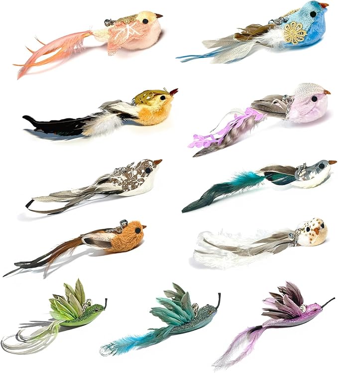 11PCS Realistic Bird Cat Toy Refills – Handmade Feather Cat Toys with Bell, Clip-on Cat Wand Attachments – Interactive Cat Toys for Indoor Cats, Refill Set for Wand Toy or Cute Home Décor