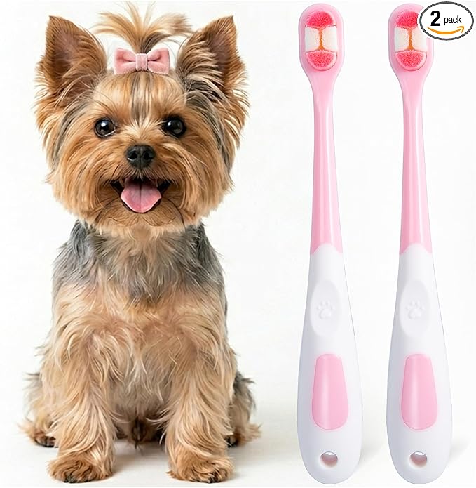 Small Dog Toothbrush, Puppy & Cat Tooth Brushing Kit, Ultra Soft & Head Teeth Brush for Kitten & Tiny to Medium Pet, Doggy Toothbrushes Deep Dental Clean, 2 PCS, Pink