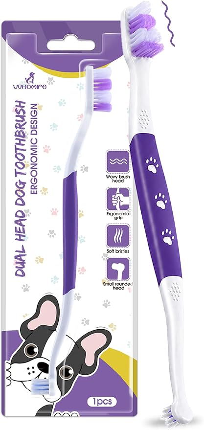 Dog Toothbrush – Newly Upgraded Dual-Head Design with 60° Wavy Bristles–Gently Surrounds Teeth for Deep Cleaning and Plaque Removal – Non-Slip Handle, Ideal for Daily Pet Dental Care (Purple, 1-Pack)