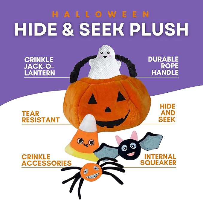 Glow Pups Halloween Hide and Seek Dog Toys, Crinkle Jack O Lantern with 4 Plush Squeak Toys, Durable Rope Handle, Interactive, Orange Halloween Pumpkin