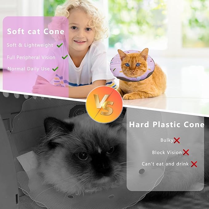 Seyezo Cat Cone Collar Soft, Adjustable Cat Recovery Collar Kitten Cones to Stop Licking, Cute Donut Collar After Surgery, Cats Neck Pillow Cone Elizabethan Cones of Shame (Waterproof Purple, Medium)