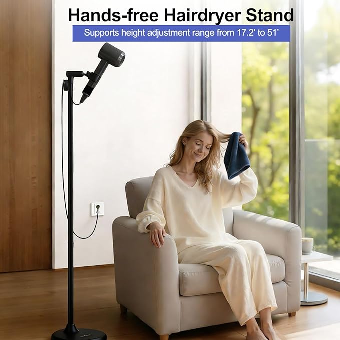 Hair Dryer Stand with 360 Rotating Head, Hands Free, Large Hook,Heavy Duty Base, Adjustable Height, TPU Padded Clip, Aluminum Alloy Holder for Home or Salon (Black)