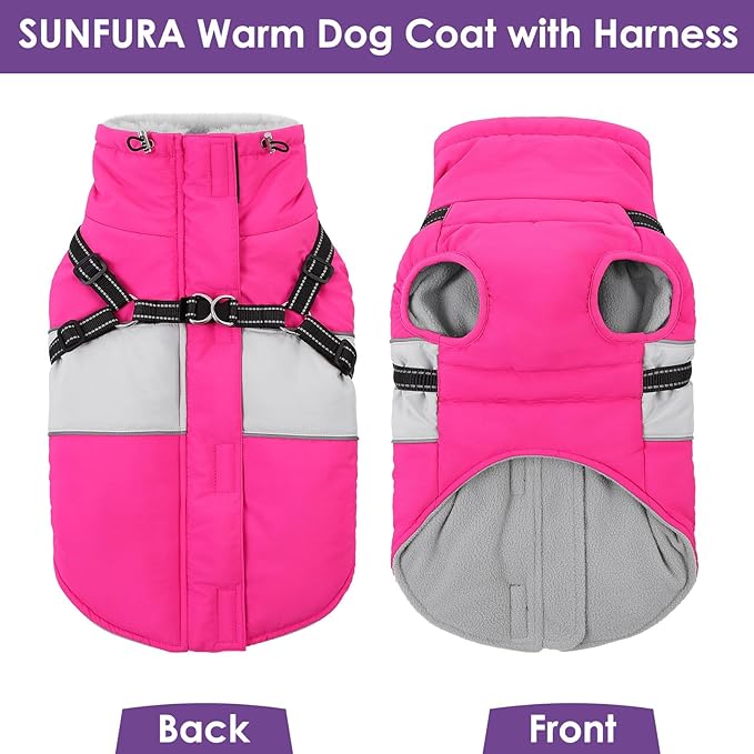 Small Dog Coat with Harness Built in, Warm Dog Jacket Winter with Zipper On Back, Waterproof Pet Snow Jacket Snowsuit Pet Sweater Clothes for Schnauzer, Yorkshire Terrier, Hot Pink S