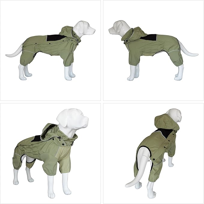 LOVELONGLONG Fleece-Lined Dog Raincoat with Removable Hood – Waterproof Winter Full Body Dog Jacket – Windproof Snowproof Cold-Weather Suit – Green-F L