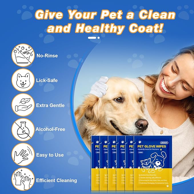 Pet Glove Wipes for Dogs and Cats, Deodorizing Cleaning Gloves, Hypoallergenic Coconut Oil Grooming Wipes, Individually Wrapped, for Pet Dry Cleaning, Daily Care and Travel, 9 Pcs