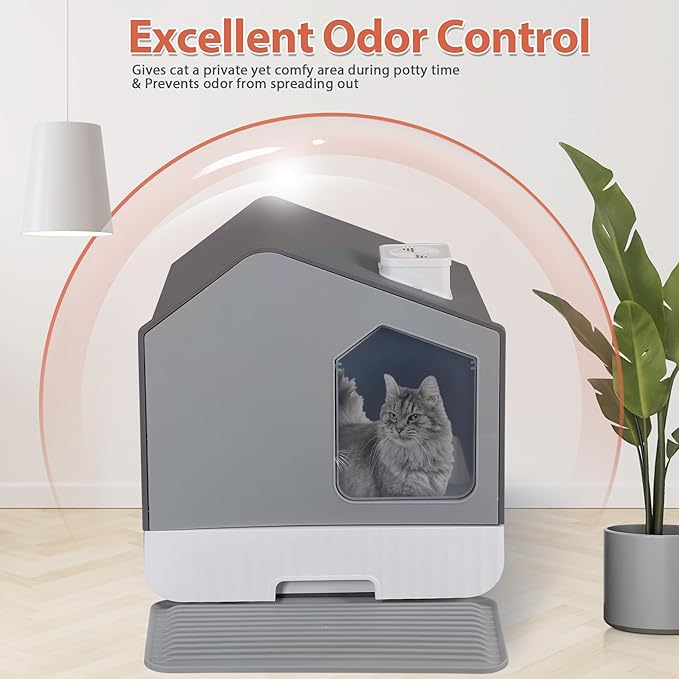 Large Enclosed Cat Litter Box with Mat and Litter Scoop Covered Cat Litter Pan, Odorless Toilet Anti-Splashing Kitty Pan, Gray
