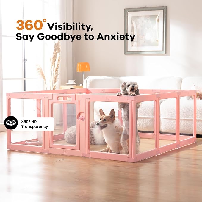 Clear Acrylic Dog Playpen Indoor, Puppy Cat Small Pet Play Pen, Pet Cat Playpen for Rabbits, Dog Fence Crate Kennel Whelping Cage (Pink, 8 Panel)