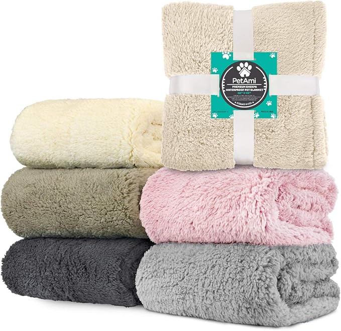 PetAmi Fluffy Waterproof Dog Blanket for Couch and Bed, Reversible Sherpa Pet Throw, Pee Proof Furniture Protector Sofa Cover, Washable Cat Blanket for Medium Large Dogs and Cats (Beige Cream, 90x90)