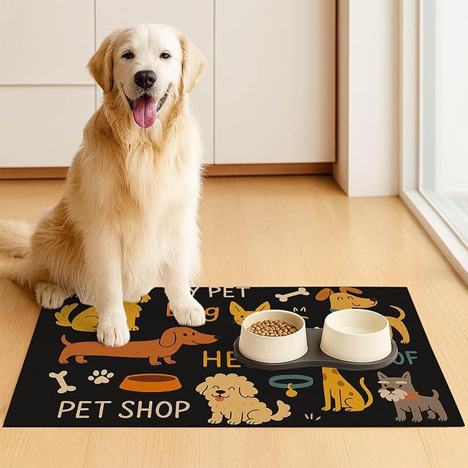HOMETITUTE Cute Happy Dog Pattern Design Pet Food Mat 20" x 12" Fun Easy Clean Pet Feeding Mat Absorbent Cat Bowl Mat Non Slip Dog Foods Mats Pets Placemat for Dogs and Cat Feeding