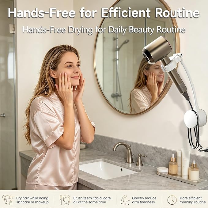 Hair Dryer Holder, Hair Dryer Stand with Adjustable Angle, Wall Mounted Hair Dryer Stand Hands Free with Built-In Adhesive, Suitable for Bathroom Mirror, Side Wall of Washbasin, Bedroom Vanity, Balcony Or Gym
