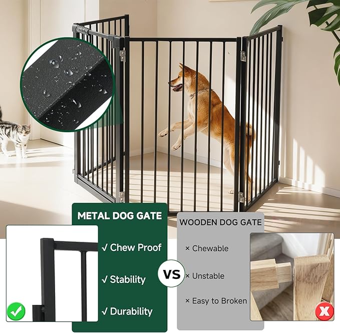 Snagle Paw Metal Freestanding Dog Gate with Door,80” W x 36” H Dog Fence with Support Feet for Doorways, Stairs and Hallways, Portable Pet Gate for Indoor Use (4 Panel, Black)