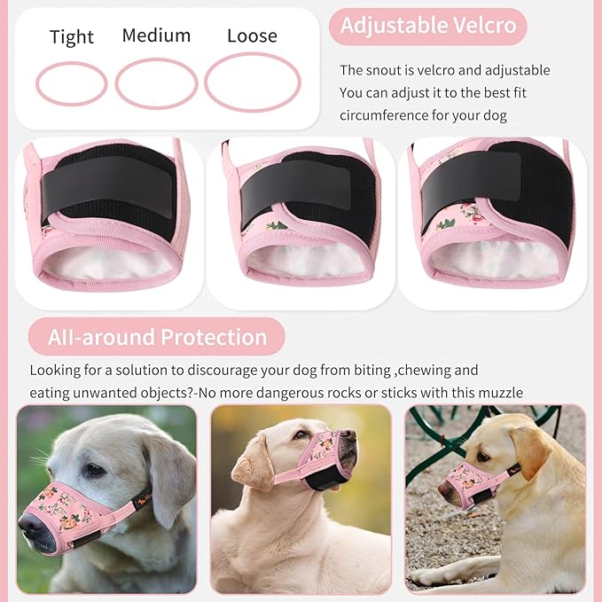HEELE Dog Muzzle,Soft Nylon Muzzle Anti Biting Barking Chewing,Air Mesh Breathable Drinkable Adjustable Loop Pets Muzzle for Small Medium Large Dogs 4 Colors 4 Sizes (P-Pink Flower, XL)