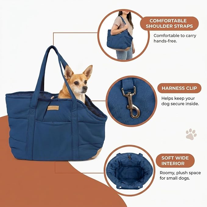 Plush Dog Purse Carrier for Small Dogs, Soft Dog Tote Bag with Safety Harness Clip, Cozy Pet Carrier for Dogs Under 15 lbs, Comfortable Dog Shoulder Carrier for Travel, Dark Blue