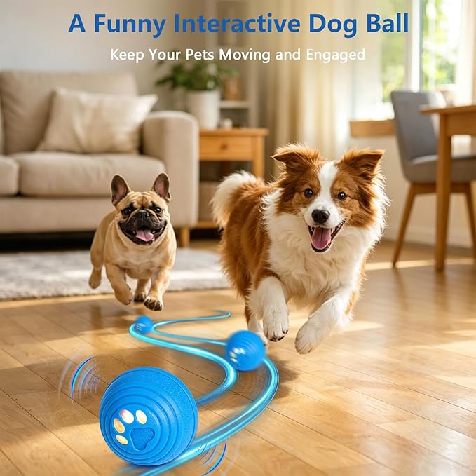 Interactive Dog Ball, Automatic Dog Toy, Vibrating Dog Ball with 4 Play Modes, Moving & Bouncing Ball for Dogs, Smart Self Rolling Dog Toy for Small Medium Dogs, USB-C Rechargeable, Blue